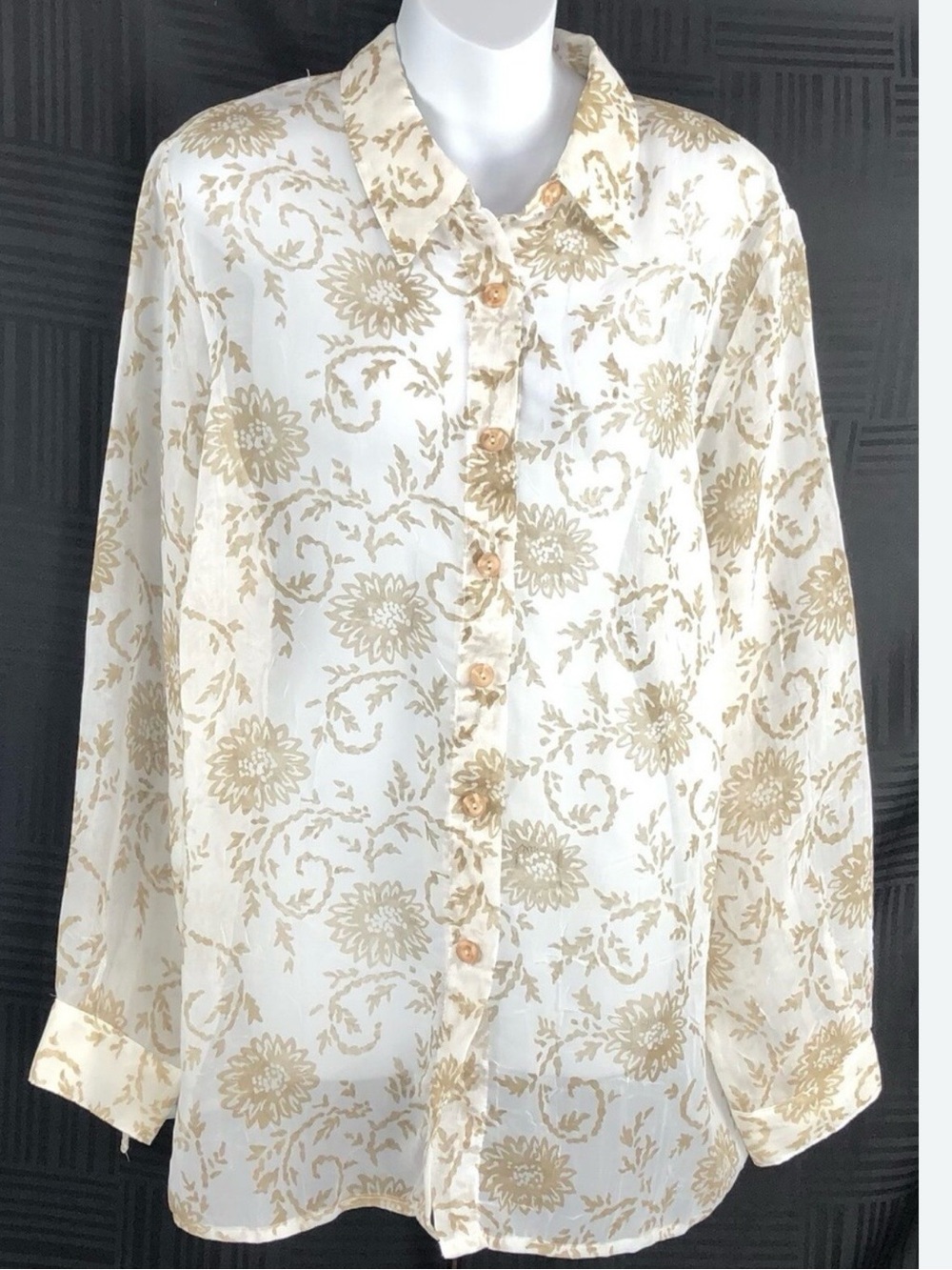 Alfred Dunner Women Ivory and Gold Floral Button-Up Blouse Size 16P